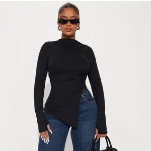 Harmony Long Sleeve Ribbed Asymmetrical Top - Black